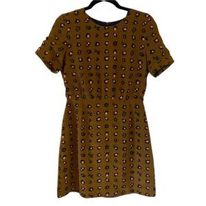 Fossil animal print safari green Mustard elegant silk Dress size S XS 2 UK6 EU32